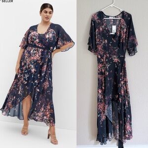 City Chic Plus Size Lovers Lane Navy Floral Print High Low Wrap Dress